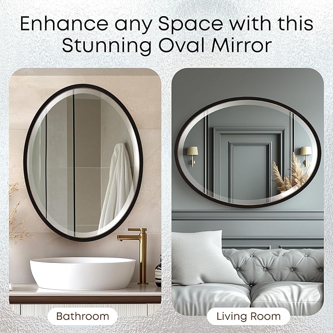 OVALCREST - Oval Wooden Beveled Wall Mirror for Home Decor, Bathroom, Vanity, Bedroom, Living Room, Hallway - London Style (Rubbed Black) 21.1 x 31.1