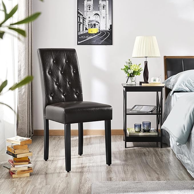 Yaheetech Dining Chairs Set of 4 Modern Style Faux Leather Dining Room Chairs with Solid Wood Legs and Button Tufted Padded for Home Kitchen, Brown