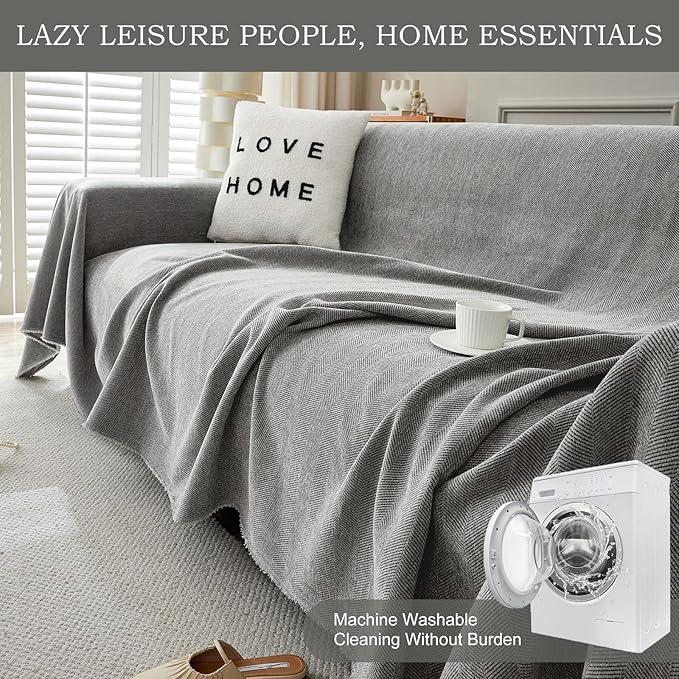 STACYPIK Soft Dark Gray Couch Cover for Pets, Herringbone Jacquard Sofa Covers for 3 Cushion Couch,Skin-Friendly Washable Sofa Covers for Loveseat, Non Slip Sectional Sofa Blanket Cover-91X150IN