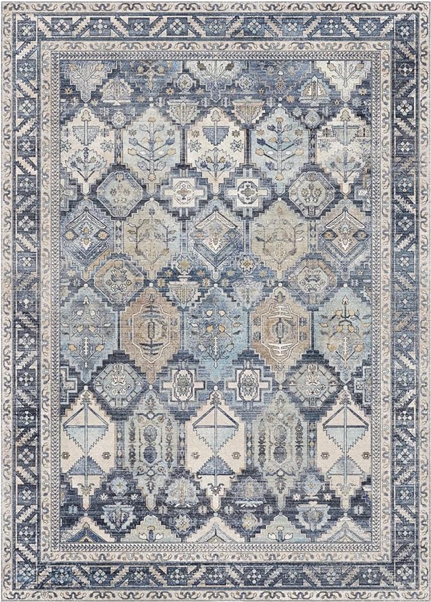 GENIMO 6x9 Area Rugs for Living Room, Machine Washable Non Slip Vintage Rugs, Low Pile Lightweight Chenille Print Rug for Bedroom, Dining Room, Home Office, Brown Blue