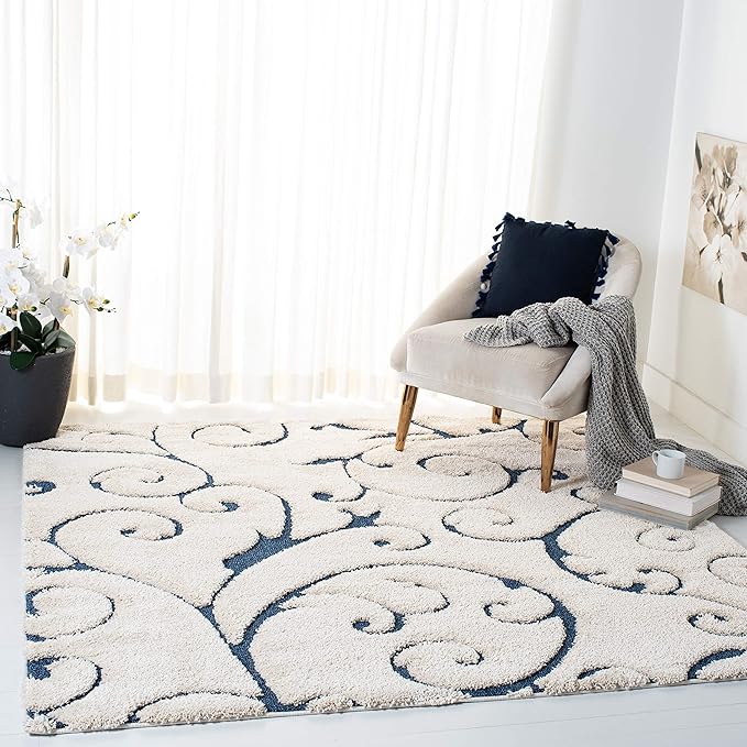 SAFAVIEH Florida Shag Collection Area Rug - 8' Square, Cream & Blue, Scroll Design, Non-Shedding & Easy Care, 1.2-inch Thick Ideal for High Traffic Areas in Living Room, Bedroom (SG455-1165)