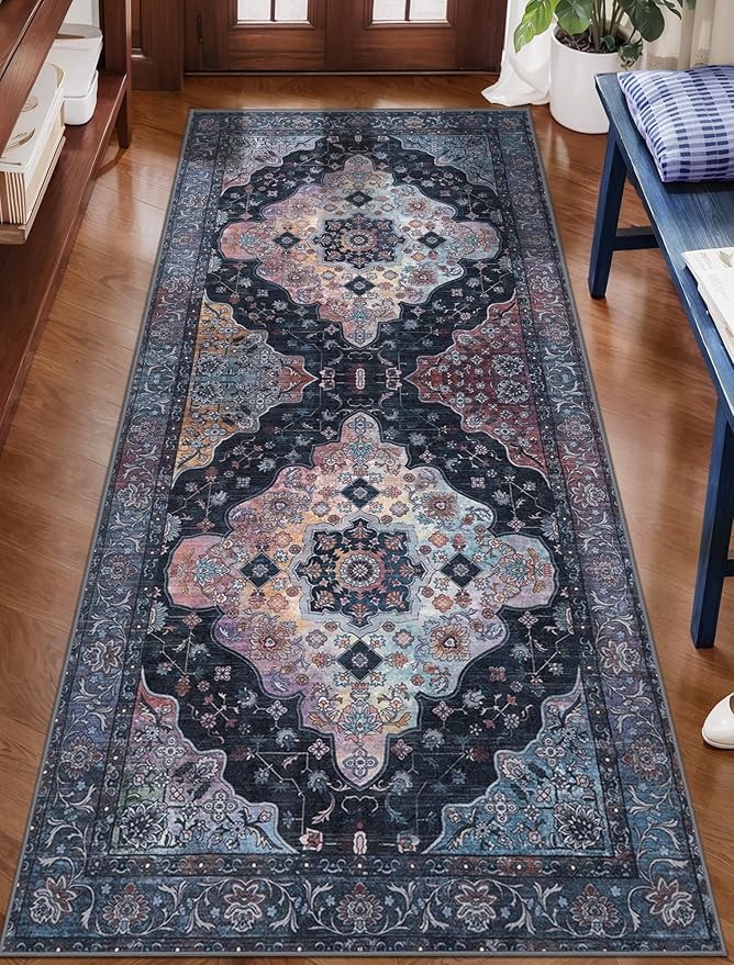 Tangsoo 2x5 Washable Runner Rug for Hallways, Non Slip Vintage Runner, Soft Low Pile Long Rug Runner, Print Distressed Navy/Mlulti Carpet Runners for Kitchen Bedroom Entryway Bathroom Living Room