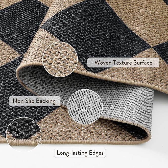Lahome Checkered Easy Jute Outdoor Rug, Large 6x9 Rug for Living Room Checkerboard Indoor Outdoor Carpet, Farmhouse Patio Office Mat Geometric Non Slip Black Carpet for Backyard Dining Room