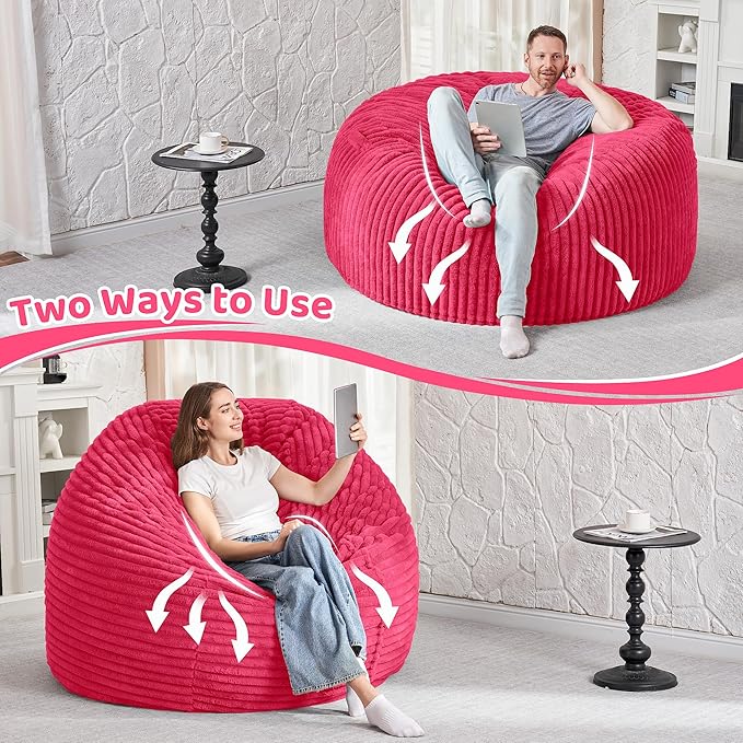 HABUTWAY 4FT Bean Bag Chair, 4' Large Bean Bag Chairs for Adults with Removable Stripe Plush Cover, Memory Foam Beanbag Chair for Living Room Bedroom Dorm (Pink)
