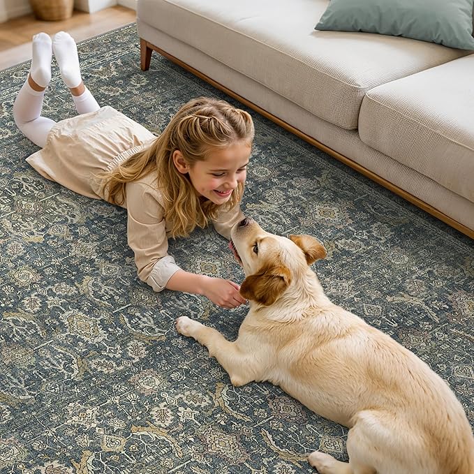 5X7 Area Rugs Machine Washable Rugs for Living Room, Vintage Boho Large Rugs for Bedroom Dining Room, Non Slip Indoor Soft Distressed Lightweight Thin Low Pile Carpet, Deep