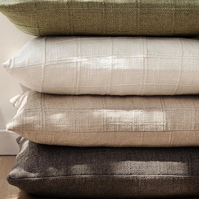 Foindtower Set of 2 Decorative Linen Check Throw Pillow Covers Neutral Farmhouse Vintage Cushion Covers Modern Coastal Boho Home Decor For Sofa Chair Couch Bedroom Living Room Outdoor,26×26 Inch,Camel