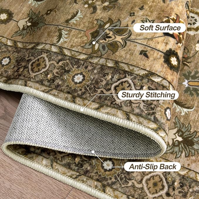 2.6x8 Hallway Runner Rug, Floral Washable Non-Slip Vintage Boho Runner Rug for Hallway Entryway Indoor, Brown Print Carpet,Soft Low Pile Long for Kitchen Bedroom