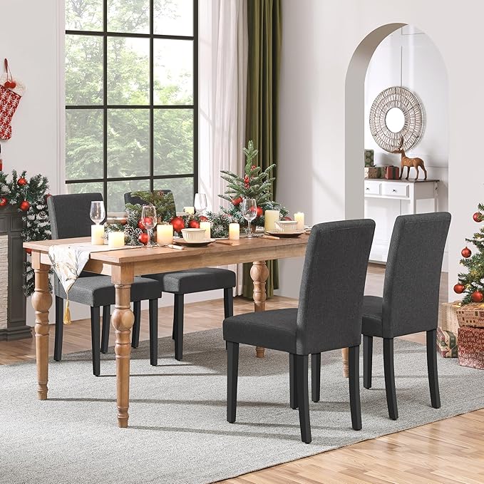 Yaheetech Dining Chairs Set of 4 Fabric Parson Upholstered Kitchen Chairs with Padded Seat and Solid Wood Legs for Dining Room/Restaurant, Armless Design, Dark Grey