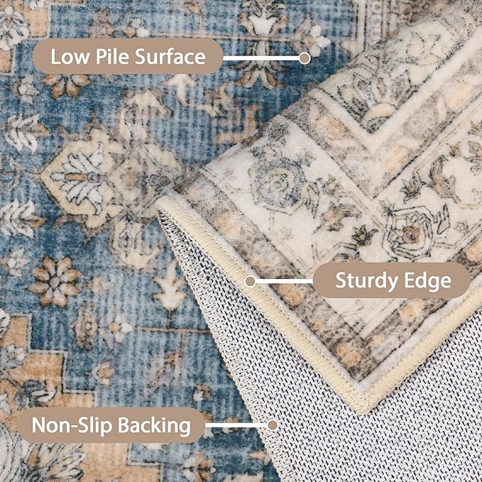 GENIMO 2x10 Runner Rugs for Hallway, Machine Washable Non Slip Vintage Rugs, Low Pile Lightweight Soft Print Rug for enrtyway, Corridor, Home Office, Kitchen, Blue Brown