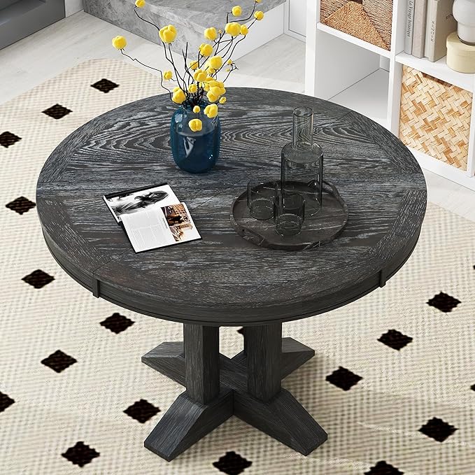FULife Country Rustic Design Round Table with 14" Removable Leaf, Extendable Circular to Oval Solid Wood Tabletop with X-Shaped Trestle Legs, Space-Saving Kitchen-Tables for Dining/Living Room