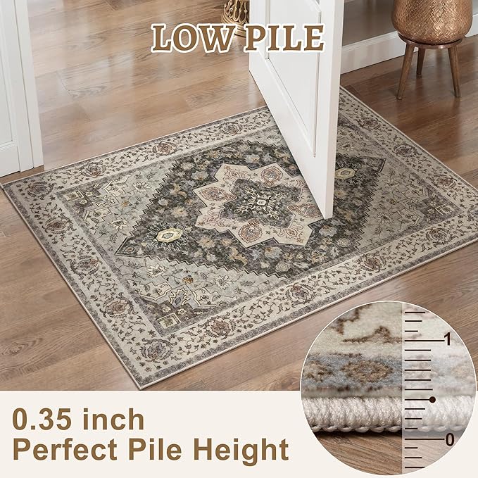 Kitchen Rugs 2x4 Washable Rug for Entryway Vintage Non Slip Small Rugs Front Door Mat Indoor Entrance, Print Distressed Throw Rug Grey Brown Soft Low Pile Rugs Small Carpet for Entry Bedroom Bathroom