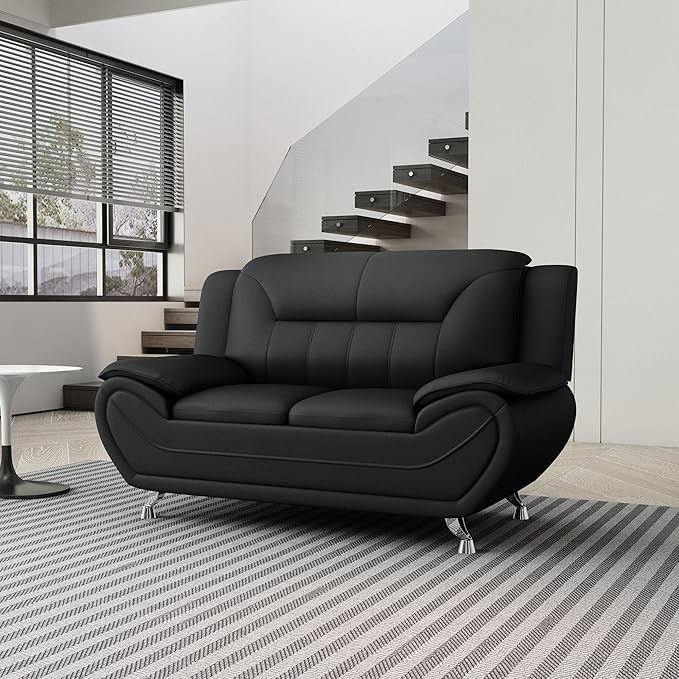Container Furniture Direct Michael Modern Faux Leather Upholstered Stainless Steel Legs Living Room, Chair, Loveseat, Sofa, Black