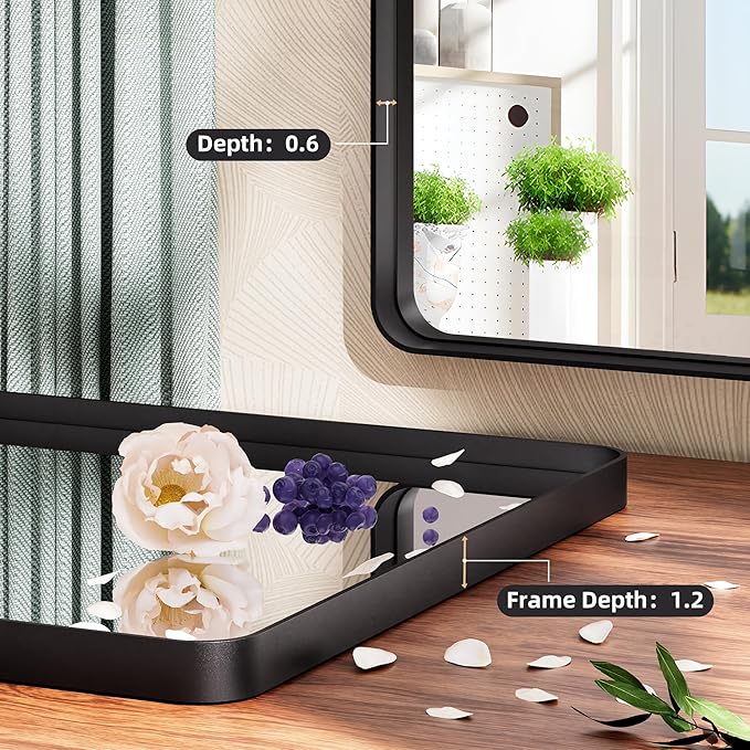 Hasipu Black Bathroom Mirror 50x40 Inch Rounded Rectangle Vanity Mirror Metal Framed Wall Mirrors Anti-Rust Surface Mount (Horizontal/Vertical)