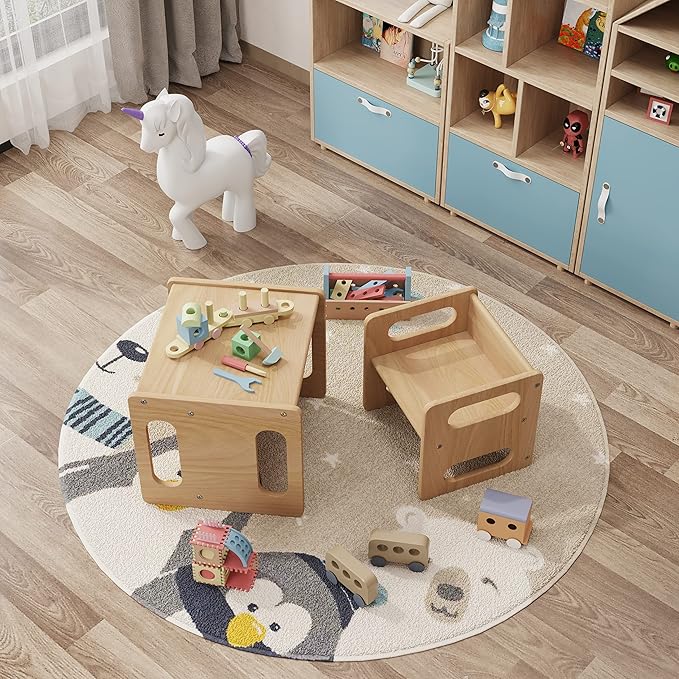 Montessori Weaning Table and Chair Set,Real Hardwood, Desk for Toddler Reading,Snack Time,Playroom,Activity Cube,Step Stool,1-3 Year Old Kids Montessori Furniture