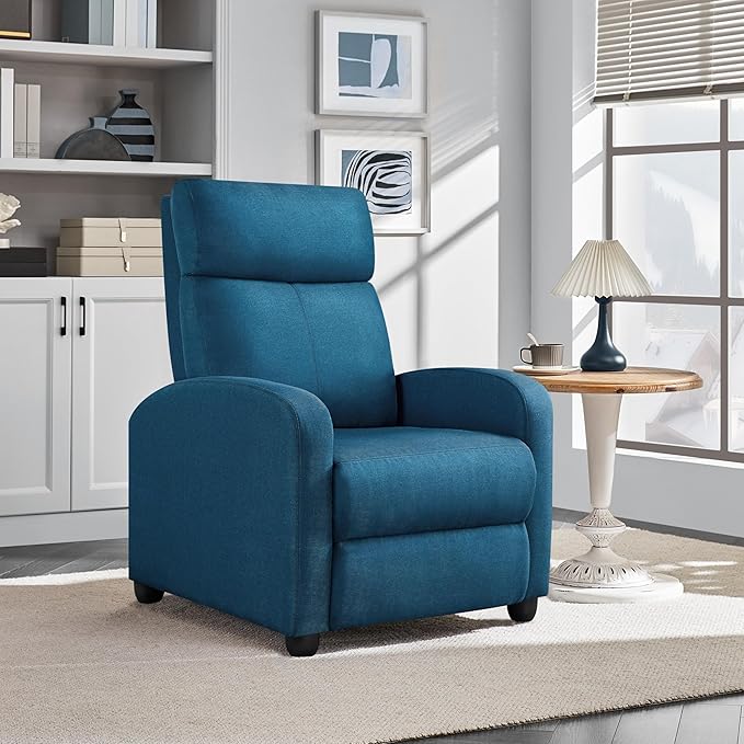 Yaheetech Fabric Recliner Sofa Modern Single Recliner Sofa Home Theater Seating with Thick Seat Cushion, Backrest and Pocket Spring, Blue