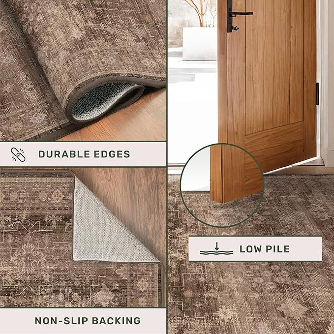 Brown Earthy Boho Washable 3x10 Extra Long Hallway Runner Rug, Waterproof Large Kitchen Floor Rug Indoor, Non-Slip Stain & Fade Resistant, Vintage Dark Taupe Decor