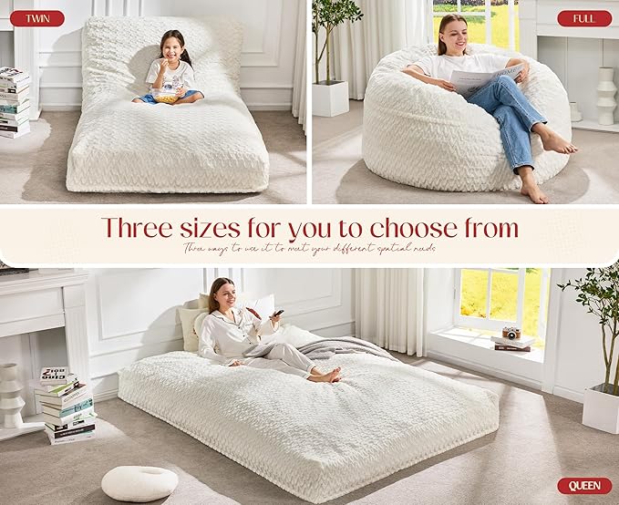 Hobestluk Bean Bag Chair Convertible Beanbag Chairs for Adults, 3 in 1 Bean Bags with Plush Chevron Cover, Adult Bean Bag Chair for Living Room, Bedroom (White, Twin)