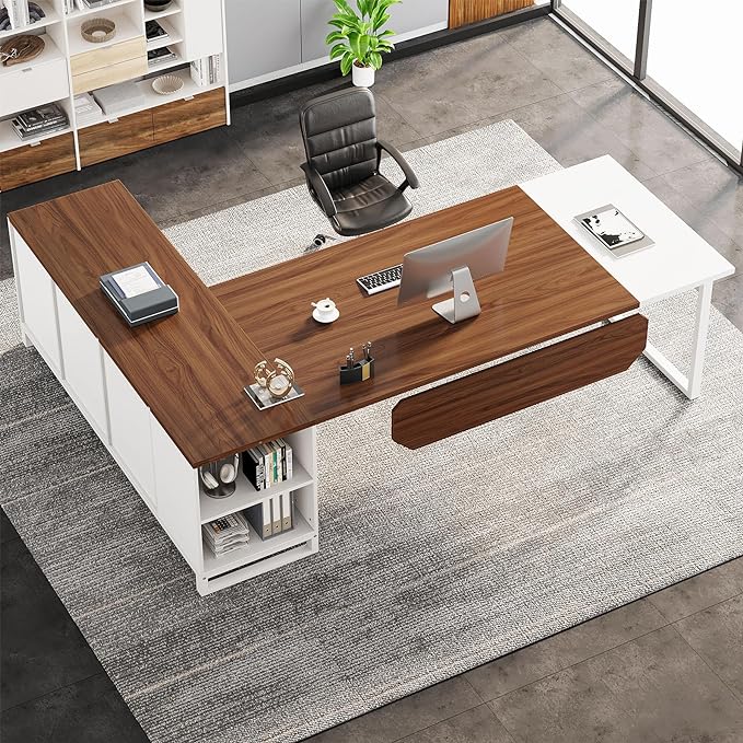 Tribesigns 70.8" L-Shaped Executive Desk with 55" File Cabinet, Large Home Office Computer Desk with Storage Shelves and Cabinet, Modern Business Furniture Set Home Office, Walnut White