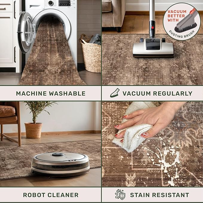 Brown Washable Long Runners for Hallways, 2'6"x8' Wide Kitchen Runner Rug, Entryway Indoor Rug, Non Slip Rubber Backing Boho Vintage Dark Floor Decor