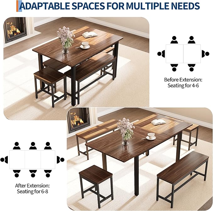IDEALHOUSE 5-Piece Extendable Dining Table Set for 4-8 People, 63 Inch Kitchen Table with 2 Benches & 2 Stools, Space Saving Modern Dining Room Furniture, Easy Assembly, Brown