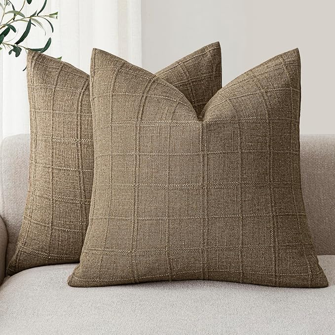 Foindtower Set of 2 Decorative Linen Check Throw Pillow Covers Neutral Farmhouse Vintage Cushion Covers Modern Boho Home Decor for Sofa Chair Couch Bedroom Living Room Outdoor,22×22 Inch,Light Brown
