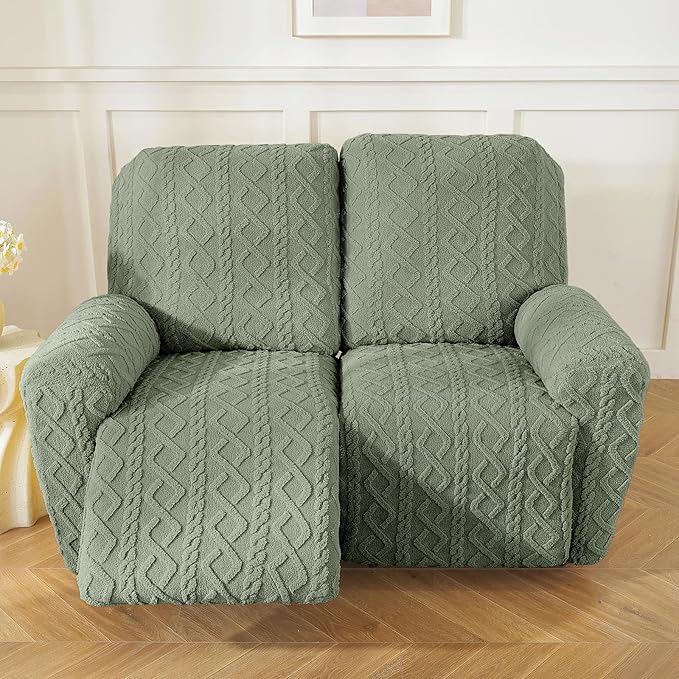 vctops 6 Pieces Geometric Jacquard Plush Recliner Loveseat Slipcovers Soft Fuzzy Fluffy Sofa Couch Cover Anti-Slip Furniture Protector with Elastic Bottom for Kids Cats Dogs(Green,2 Seat)