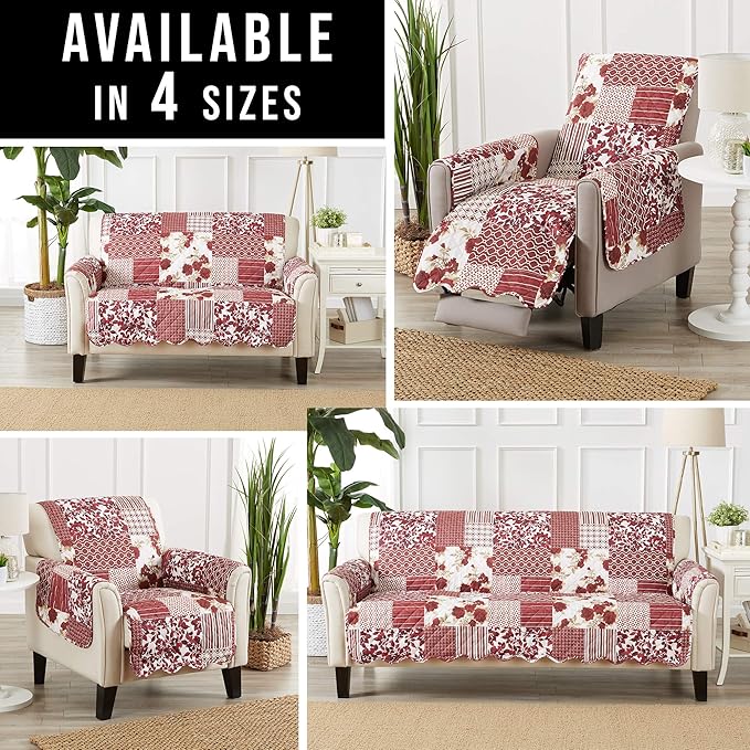 Great Bay Home Patchwork Scalloped Printed Furniture Protector Stain Resistant Chair Cover (Chair, Burgundy)