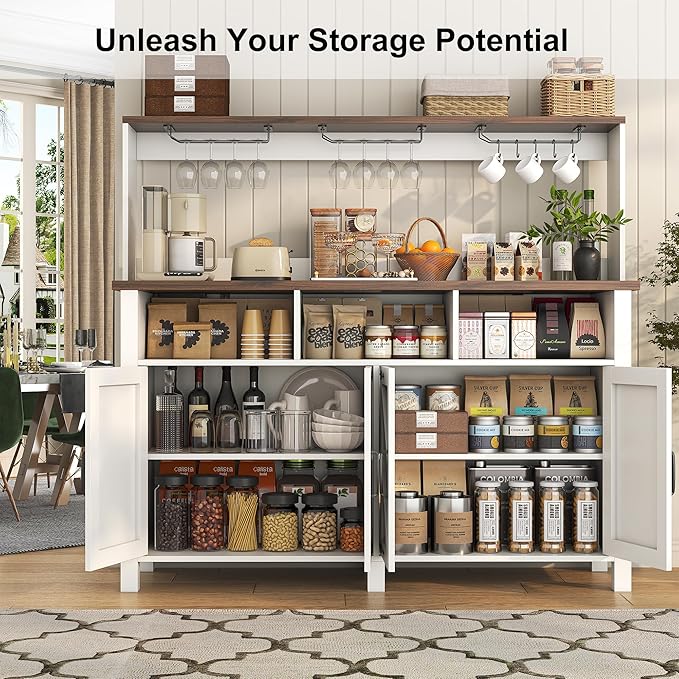 Buffet Sideboard with Storage Hutch with Power Outlets 4 Doors, Large Farmhouse Kitchen Storage Cabinet Wood Coffee Bar Cabinet with Goblet Holder and Cup Hooks for Kitchen, Dining Room, Entryway