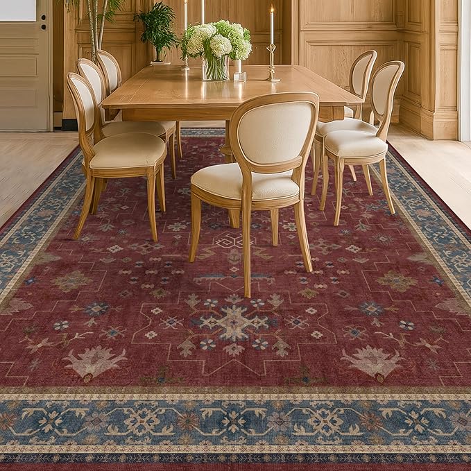 Oriental 8x10 Large Area Rugs for Living Room - Burgundy Rug for Bedroom Under Bed, Dining Room Under Kitchen Table, Washable Soft Non Slip Unique Indoor Décor