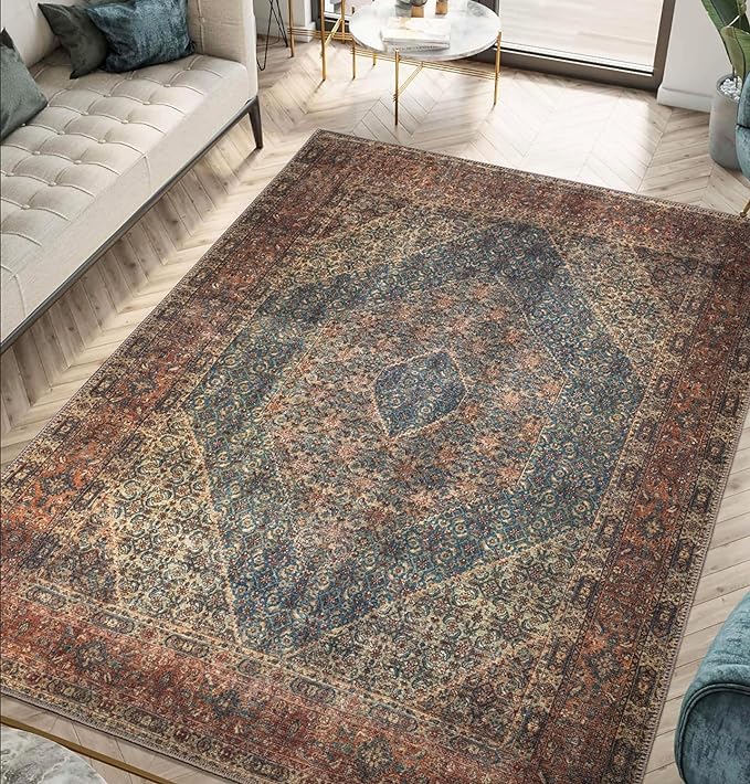 Keen Home Design 6x9 Rug - Machine Washable Area Rug with Non-Slip Backing, Ideal for Living Room, Dining Room, Bedroom - Vintage, Easy Clean, Durable, Low Pile Rug - (6' x 9')