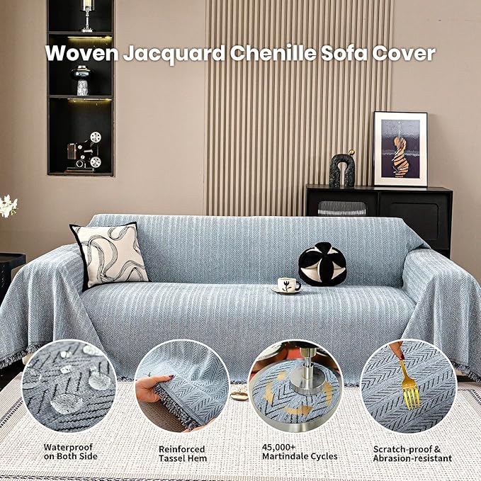 Nobildonna Sofa Chair Cover Waterproof Soft Thicken Chenille Cushion Couch Cover with Tassels,Washable Sofa Slipcovers for Armchair Recliner Sectional Furniture Protector,Dusty Blue 71"x71"