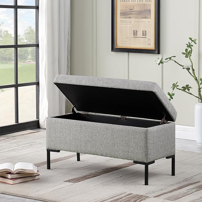 HomePop Upholstered Storage Bench with Metal Leg|Homepop Home Décor|Bench with Storage for Living Room & Entryway - Gray Woven