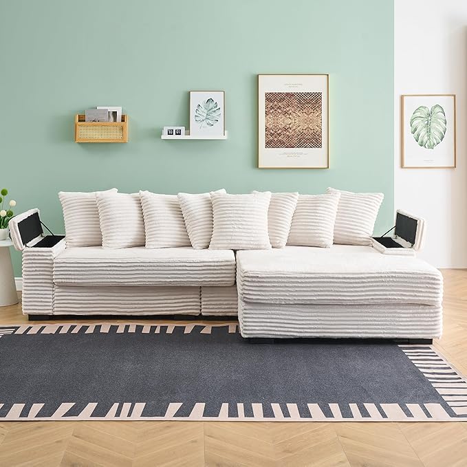 KEIKI 114" Corduroy Sofa with Cup Holders & Storage, L Shaped Sleeper Cloud Couch Set w/Reversible Chaise Lounge, Living Room Oversized Upholstered SofaBed for Apartment, Easy Assembly, Beige