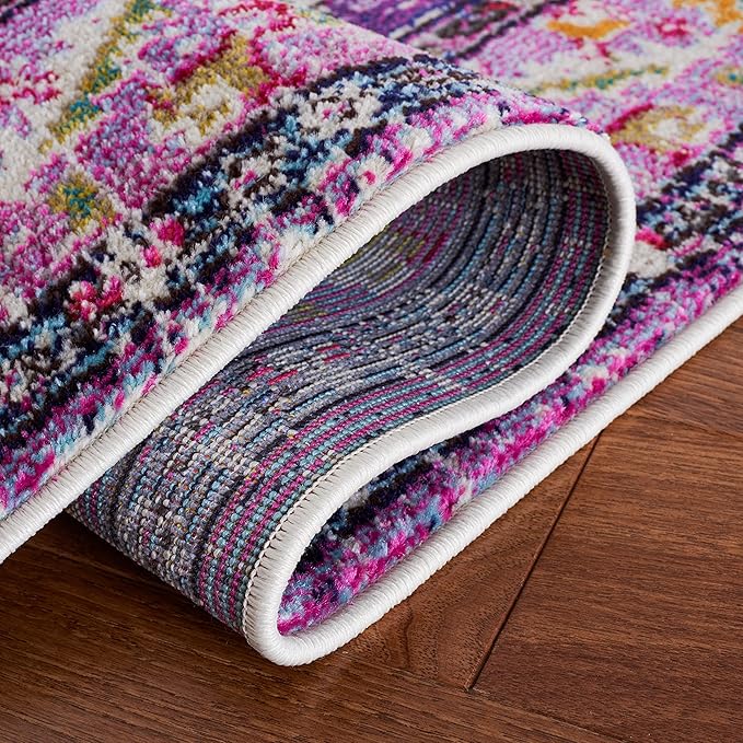 SAFAVIEH Monaco Collection Area Rug - 6'7" Round, Violet & Fuchsia, Boho Chic Medallion Distressed Design, Non-Shedding & Easy Care, Ideal for High Traffic Areas in Living Room, Bedroom (MNC243P)