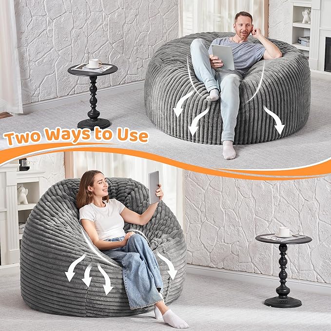 HABUTWAY 4FT Bean Bag Chair, 4' Large Bean Bag Chairs for Adults with Removable Stripe Plush Cover, Memory Foam Beanbag Chair for Living Room Bedroom Dorm (Grey)