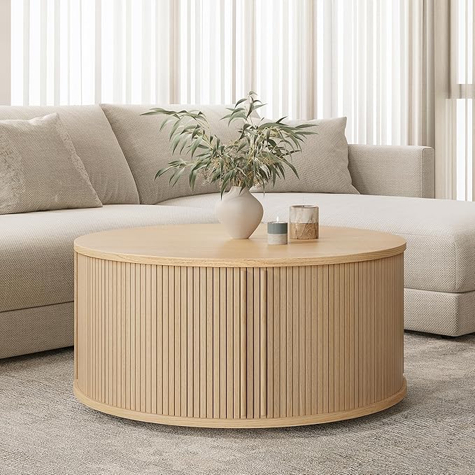 WERMO 35'' Round Coffee Table with Storage and Shelves - Round Center Table for Living Room and Office. Wood Mid Century Modern Coffee Tables for Living Room (Oak)