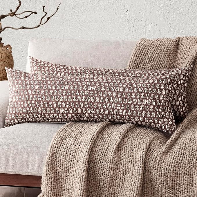 Foindtower Set of 2 Decorative Vintage Long Lumbar Throw Pillow Covers Neutral Modern Farmhouse Cushion Covers Floral Home Decor for Sofa Couch Chair Bedroom Living Room Outdoor,14×36 Inch,Wine Red