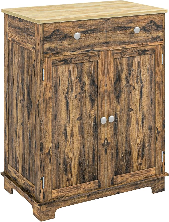 HOMCOM Sideboard with Solid Wood Countertop, Modern Kitchen Storage Cabinet, Coffee Bar Cabinet with 2 Drawers, Doors and Adjustable Shelf, Rustic Brown