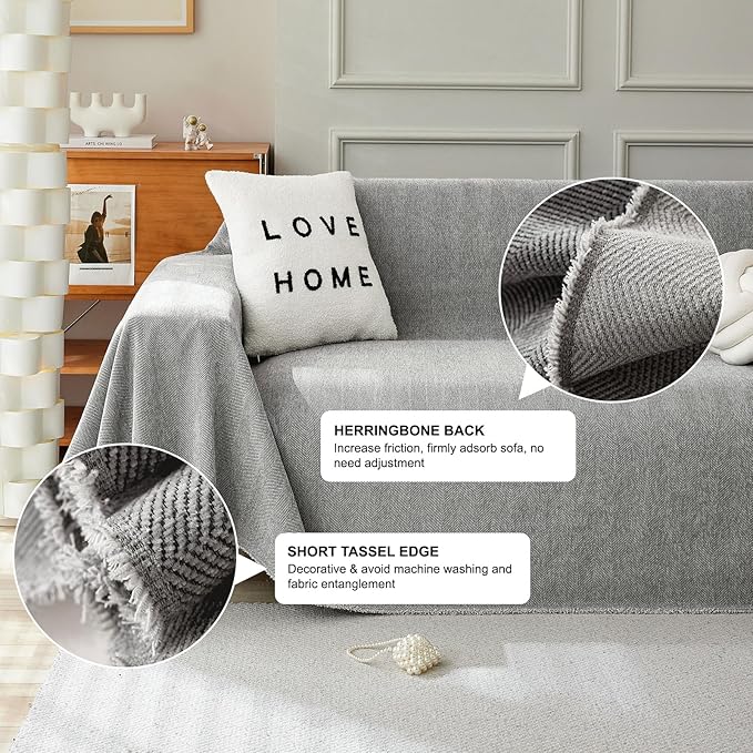STACYPIK Soft Dark Gray Couch Cover for Pets, Herringbone Jacquard Sofa Covers for 2 Cushion Couch,Skin-Friendly Washable Sofa Covers for Loveseat, Non Slip Sectional Sofa Blanket Cover-91X118IN