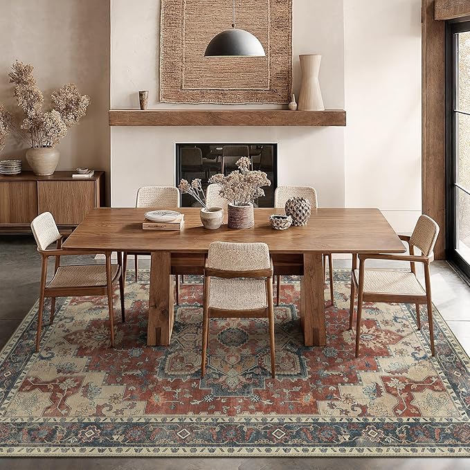 GENIMO 10x12 Area Rugs for Living Room, Machine Washable Non Slip Vintage Rugs, Low Pile Lightweight Chenille Print Rug for Bedroom, Dining Room, Home Office,Bordeaux