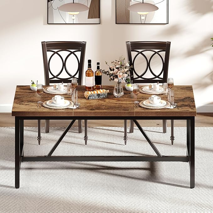 DWVO 70.8" Large Dining Room Table for 6-8 People Rectangle Kitchen Table Farmhouse Industrial Wood Style Dinning Tables with Heavy Duty Metal Leg Dinner Table for Apartment Restaurant Brown