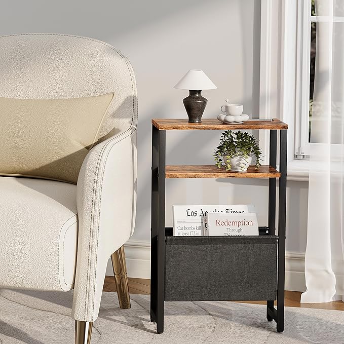 Narrow Side Table, Slim End Table with Magazine Rack, Bedside Table for Small Spaces, 3 Tier Sofa Couch Table Nightstand for Living Room, Bedroom Rustic Brown LET503R