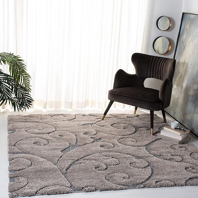SAFAVIEH Florida Shag Collection Area Rug - 10' Square, Grey & Light Blue, Scroll Design, Non-Shedding & Easy Care, 1.2-inch Thick Ideal for High Traffic Areas in Living Room, Bedroom (SG455-1160)