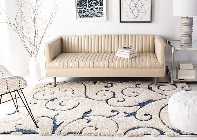 SAFAVIEH Florida Shag Collection Area Rug - 10' Square, Cream & Blue, Scroll Design, Non-Shedding & Easy Care, 1.2-inch Thick Ideal for High Traffic Areas in Living Room, Bedroom (SG455-1165)