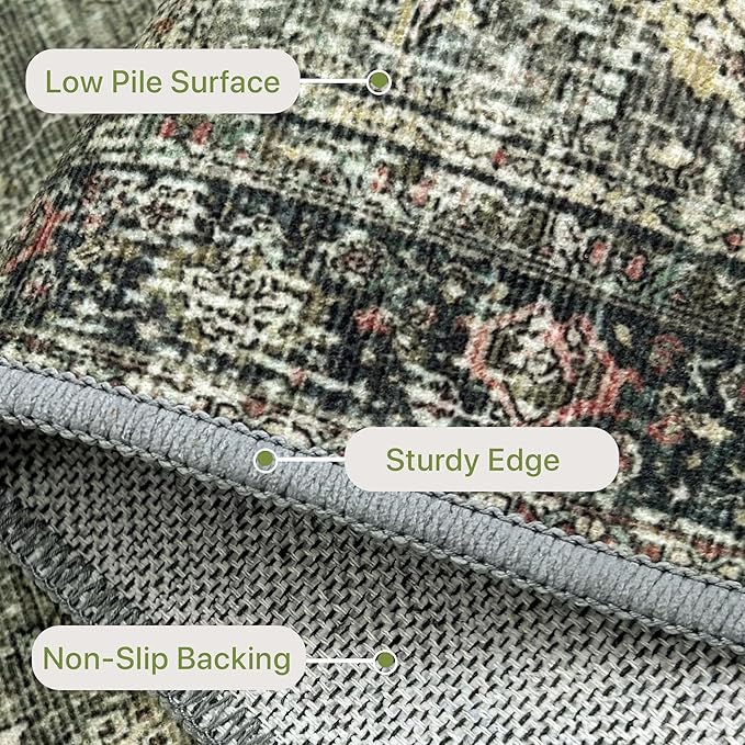 5X7 Area Rugs Machine Washable Rugs for Living Room, Vintage Boho Large Rugs for Bedroom Dining Room, Non Slip Indoor Soft Distressed Lightweight Thin Low Pile Carpet, Green
