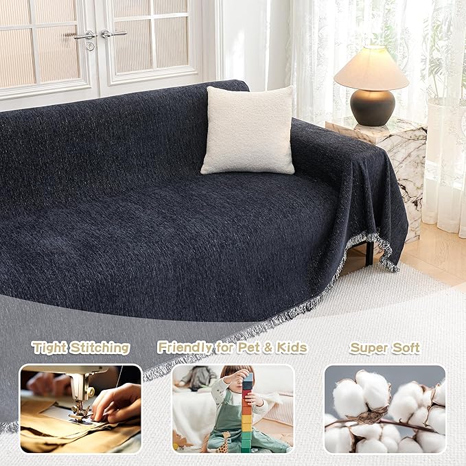 MYSKY HOME Couch Cover for Dogs, Washable Couch Covers for 3 Cushion Couch Sofa, Super Soft Chenille Sofa Slipcover, Non Slip, Furniture Protector, 71"x150", Navy Blue