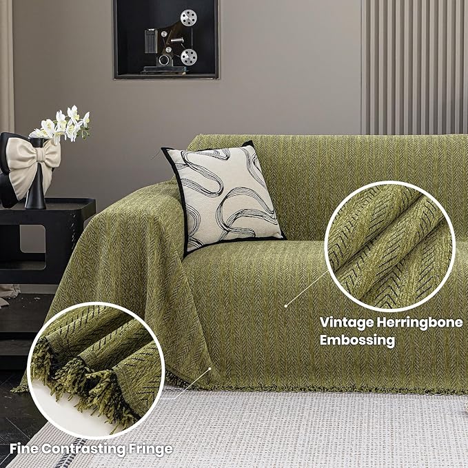 Nobildonna Sofa Chair Cover Waterproof Soft Thicken Chenille Cushion Couch Cover with Tassels,Washable Sofa Slipcovers for Armchair Recliner Sectional Furniture Protector, Green 71"x71"