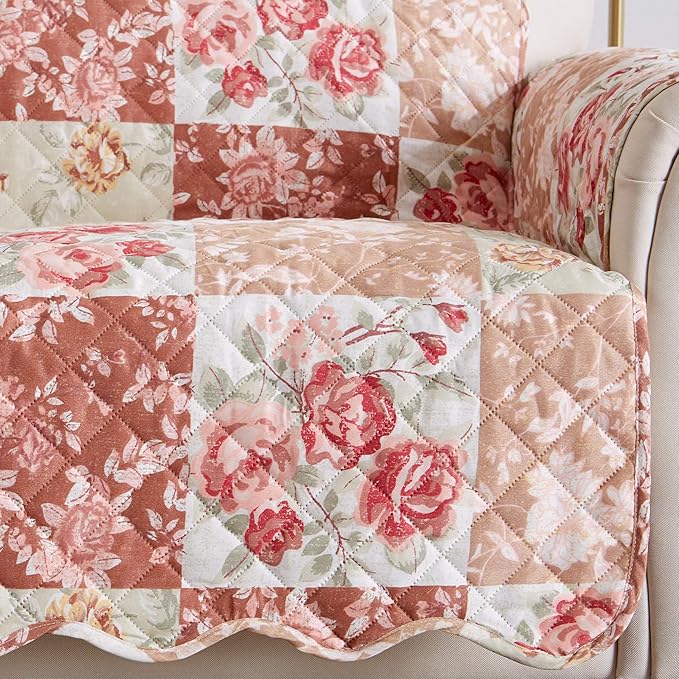 Great Bay Home Reversible Floral Patchwork Furniture Protector Scalloped Edge Stain Resistant Printed Furniture Protector Maribel Collection (Chair, Burgundy/Taupe)