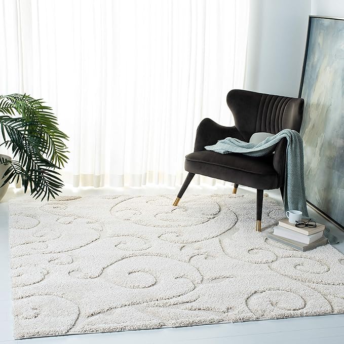 SAFAVIEH Florida Shag Collection Area Rug - 11' Square, Creme & Creme, Scroll Design, Non-Shedding & Easy Care, 1.2-inch Thick Ideal for High Traffic Areas in Living Room, Bedroom (SG455-1111)