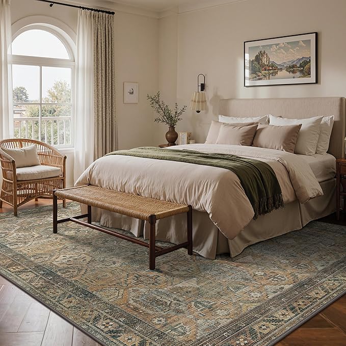 GENIMO 9x12 Area Rugs for Living Room, Machine Washable Non Slip Vintage Rugs, Low Pile Lightweight Chenille Print Rug for Bedroom, Dining Room, Home Office, Warm Taupe